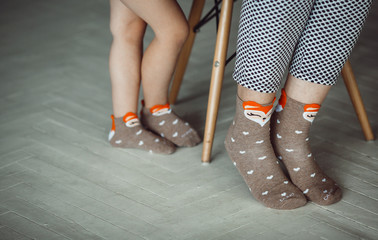 Mother's and daughter's feet in funny socks