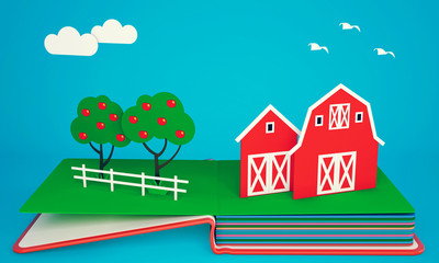 Pop up book with barns and fruit trees. 3D rendering