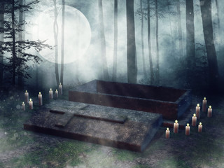 Otwarty grób ze świecami w ciemnym lesie - obrazy, fototapety, plakaty