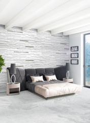 White bedroom minimal style Interior design with wood wall and grey sofa. 3D Rendering. 3D illustration