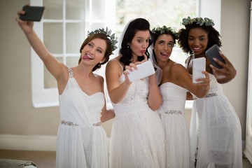 Bride and bridesmaid taking selfie at home - obrazy, fototapety, plakaty