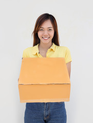 asian lady hold paper box on white background