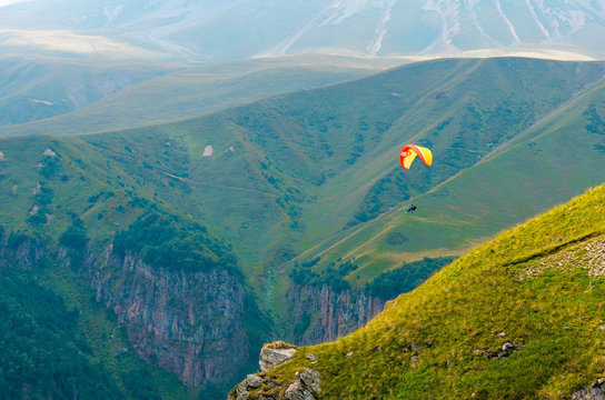 Skydiver in the sky over the Caucasus Mountains, Georgia.