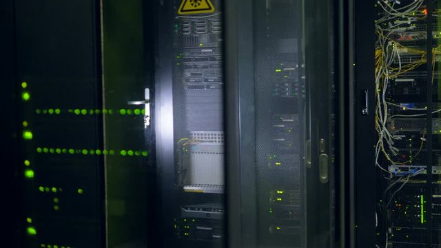 Modern super computer. Data center. Close-up real video in 4K.
