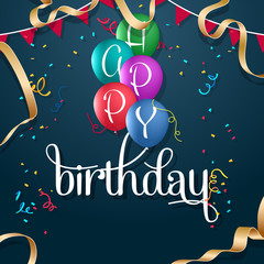 Bunting flags banner with happy birthday letter. Happy Birthday banner. Happy Birthday Balloons. Happy birthday greeting card with gold ribbon.