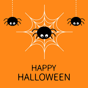 Happy Halloween card. Spider on the web. Cute cartoon baby character. Three hanging spiders. Insect set. Dash line. Cobweb white. Flat design. Orange background.