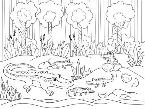 Childrens cartoon family of crocodiles in Africa. Coloring book. Black lines, white background