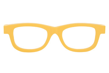Fototapeta premium Yellow plastic glasses isolated on a white background seen from the front