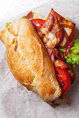 Fresh baguette sandwich bahn-mi styled. Bacon, roasted cheese, tomatoes and lettuce on metallic background. Close up view