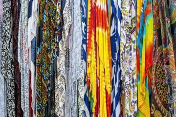 Colorful textile hanging in a street shawl shop.