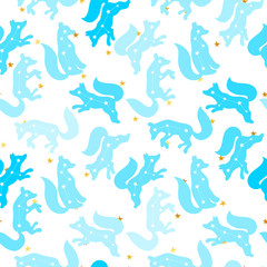 Cute seamless pattern with a fox. Constellation of the fox. Vector. Gold stars on the background.