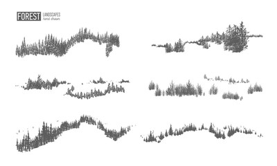 Collection of evergreen forest landscapes with silhouettes of coniferous trees growing on hills hand drawn in black and white colors. Natural monochrome decorative elements. Vector illustration