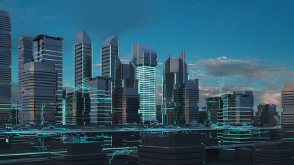 Futuristic skyscrapers in the flow. The flow of digital data. city of the future. 3D illustration. 3D rendering