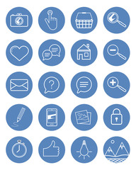 Collection of vector business icons in blue circles isolated on white background