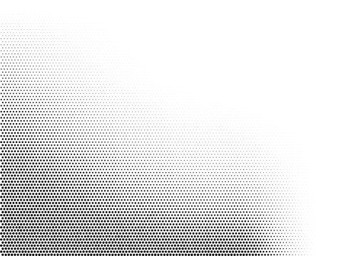 Abstract horizontal halftone monochrome background with dots of different size accumulated in left bottom angle
