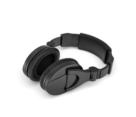Fototapeta na wymiar 3d rendering of jet black wireless headphones with over-the-ear design lying on white background.