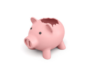 3d rendering of a pink ceramic piggy bank with a broken top on white background.