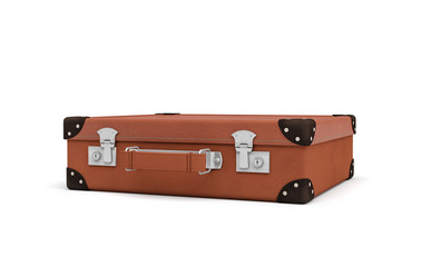 3d rendering of a brown vintage closed suitcase with metal locks on white background.