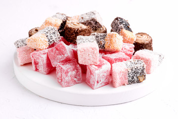 Variety of Turkish Delight Lokum Sweet Turkish delight lokum Traditional dessert White background