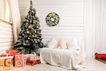 Beautiful Christmas interior design. Concept of Merry Christmas, winter and New year