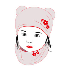 Portrait of cute little asian girl, scarf and hat with bear ears.