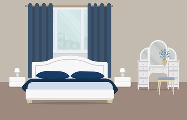 Bedroom in a blue color. There is a dressing table, a bed with pillows, bedside tables, lamps and other objects on a window background in the picture. Vector flat illustration