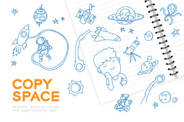 Notebook with kid boy hand drawing set, Imagine of Future Occupation "Astronaut" concept idea illustration isolated on white background, with copy space