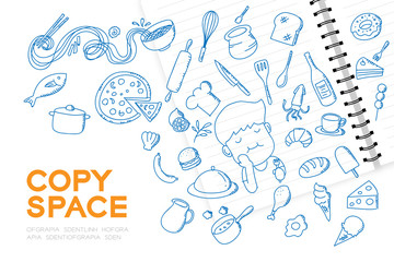 Notebook with kid boy hand drawing set, Imagine of Future Occupation "Chef" concept idea illustration isolated on white background, with copy space
