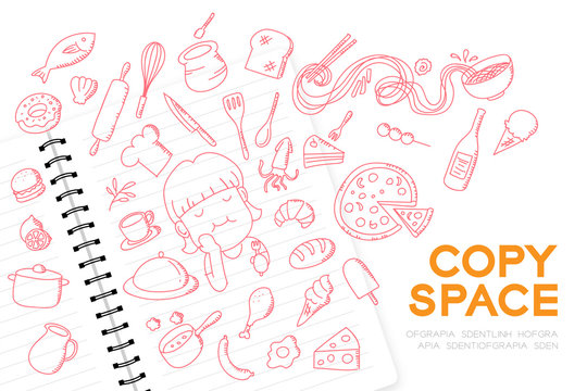 Notebook with kid girl hand drawing set, Imagine of Future Occupation "Chef" concept idea illustration isolated on white background, with copy space