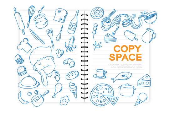 Notebook with kid boy hand drawing set, Imagine of Future Occupation "Chef" concept idea illustration isolated on white background, with copy space