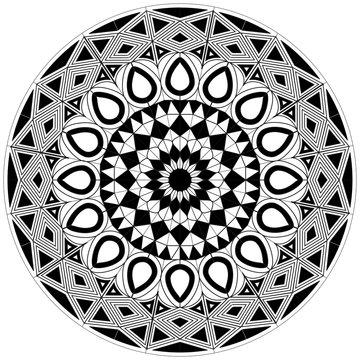 Complex blank and white mandala design with basic shapes. Abstract vintage tribal ornament for adult and senior coloring and decoration. 
