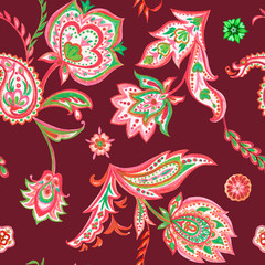 Naklejka premium Seamless paisley pattern, hand drawing on maroon background.