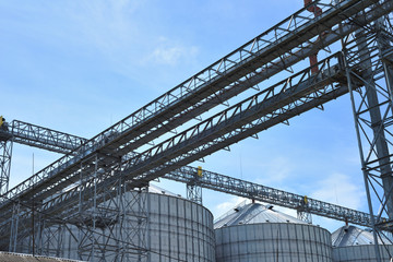 Fragment of metal grain elevator in facility with silos.