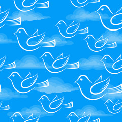 Obraz premium Seamless Background with White Cartoon Birds Flying in Blue Sky with Clouds, Tile Illustration for Your Design. Eps10, Contains Transparencies. Vector