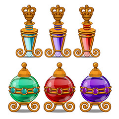 Six royal perfume bottles with gold ornament and crown. Violet, green, red, blue vials. Female stuff, beauty product in cartoon style. Vector illustration isolated on white background