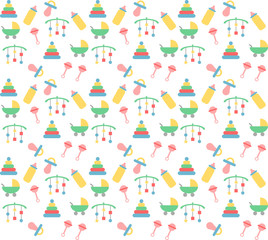 Baby pattern in pastel colours with toys & objects
