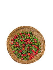 Red and Green Cherry Pepper in The Wicker Basket on White Background, Clipping Path