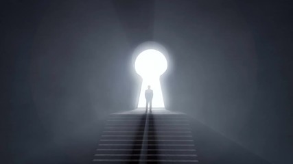 Man standing at a glowing keyhole shape tunnel's entrance on top of stairs,  success concept