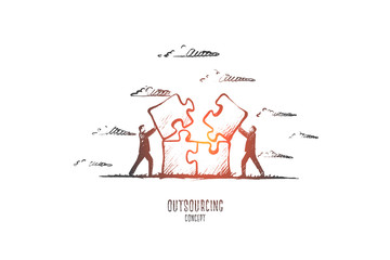 Outsourcing concept. Hand drawn people working at outsource. Persons working together collecting puzzle isolated vector illustration.