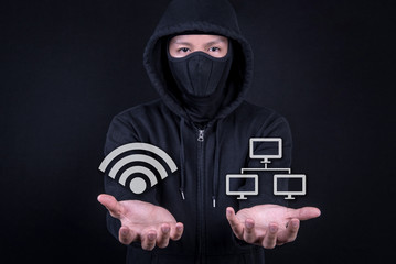 Hacker digital thief open palm gesture with wifi and network icon. Internet security and cyber attack concepts with working space