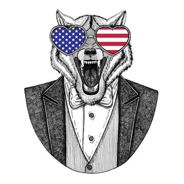 Wolf Dog Hipster animal Hand drawn image for tattoo, emblem, badge, logo, patch, t-shirt
