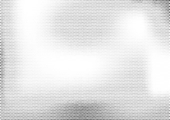 Modern horizontal halftone monochrome background with unevenly distributed dots of different size. Simple grunge gradient dotted texture. Abstract vector illustration in black and white colors. © Good Studio
