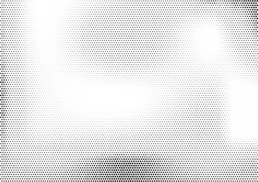 Modern horizontal halftone monochrome background with unevenly distributed dots of different size. Simple grunge gradient dotted texture. Abstract vector illustration in black and white colors.
