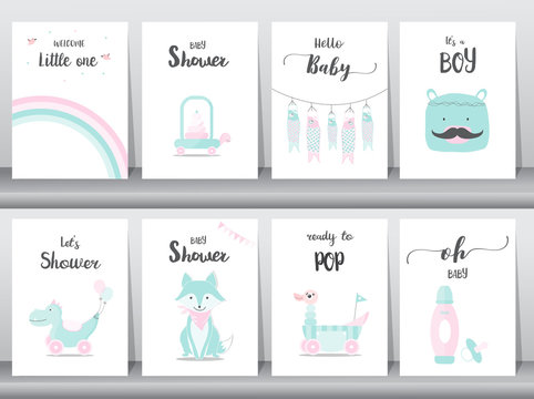 Set of baby shower invitations cards, poster, greeting, template, animals,toys, Vector illustrations 