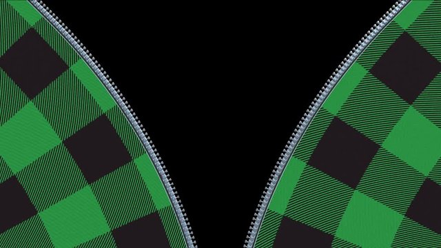 Zipper on green and black checkered flannel shirt. Animation of unzipping a shirt with black and white mask included.