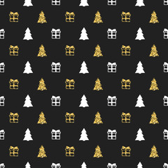 Christmas New Year seamless pattern with gift christmas tree. Holiday background. Gold white gift. Xmas winter doodle decoration. Golden texture. Hand drawn vector illustration. Wrapping gift paper.
