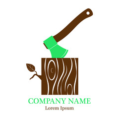 Vector illustration with an image of an ax with a stump. Stump with an ax, isolated on a white background. Wooden woodworking axle or woodcutter logo or badge. Logo. A flat icon.