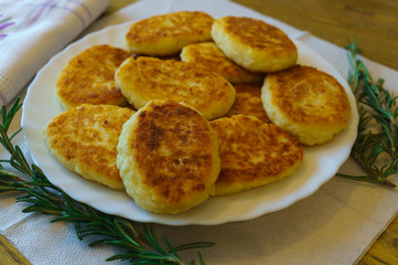 pancakes made of cottage cheese, made at home, on a plate.