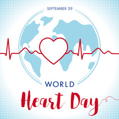 World Heart Day card, line heart and cardio pulse trace on globe. Vector illustration concept World Heart Day background for banner or poster. September 29