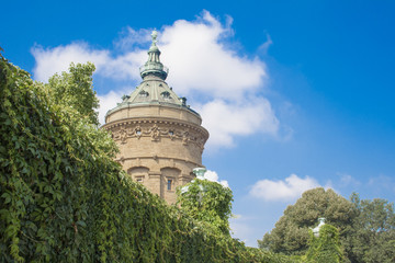 Mannheim Water Tower At Friedrichsplatz With Green Hedge